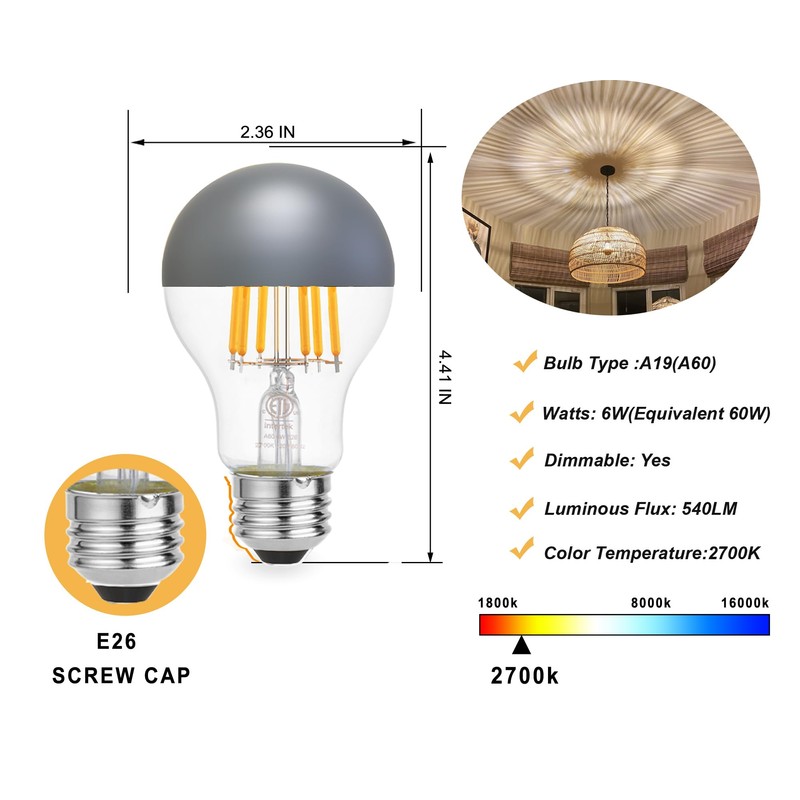 KarlunKoy Half Chrome Light Bulbs,Half Grey Tipped Dimmable 6W (Equivalent