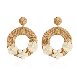 YUNXI Handmade Raffia Rattan Bohemian Round Drop Dangle Earrings for Women Boho Statement Flower Fun Hoop Earrings (Khaki)