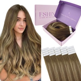 Fshine Tape-In Real Hair Extensions, Brown, 35 cm, Balayage Colour Dark Brown with Caramel Blonde and Dark Brown, Skin Weft Tape Extensions, 50 g, Real Hair, 20 Pieces