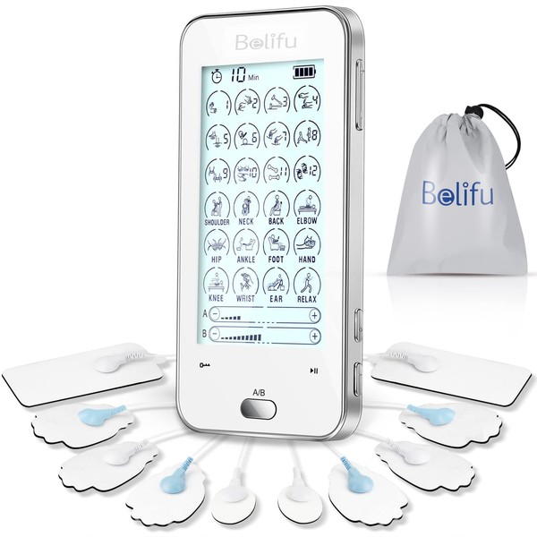 Belifu Dual Channel Tens Unit Electro Muscle Stimulator, Fully Isolated with Independent 24 Modes, Rechargeable Pulse Massager with Electrodes Pads for Neck Back Arms Chronic Pain Relief Body Building