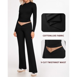 MANGOPOP Women's 2 Piece Lounge Sets Long Sleeve Cropped Top V-Cut Flare Leggings Set Casual Soft Outfit Pajamas Black, Medium