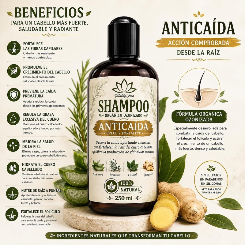 Shampoo anticaída orgánico con romero, aloe vera y vitamina E
