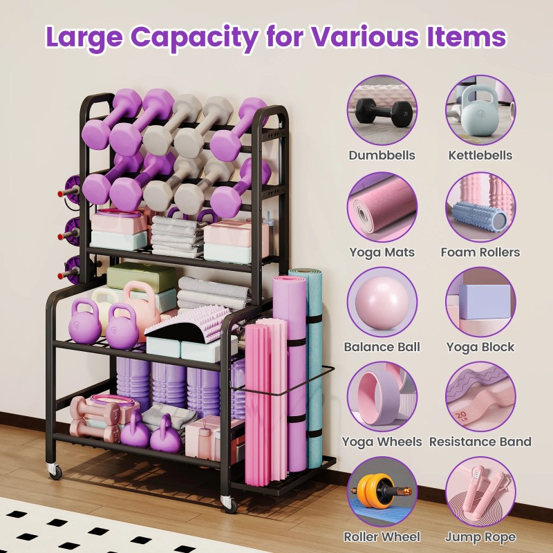 All-in-One Dumbbell Rack with Lockable Wheels,Mobile Fitness Equipment Organizer Stand