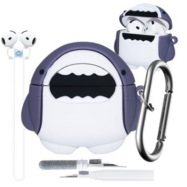 Cute Shark Case for AirPods 4 4th Generation Cover, Sea Cartoon Funny Case for AirPods 4 Accessories 4 in 1 Set with Magnetic Strap, Keychain, Cleaner Pen Kit for Women Men - Grey Shark 4rd Cover