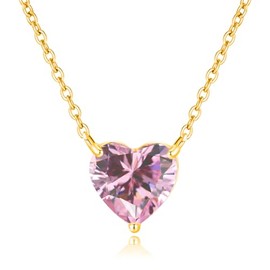 IUITY Heart Pendant Necklace for Women Birthstone Necklace, 14K Gold Plated Pink Heart Cubic Zirconia Pendant for Women Mothers Dainty Gold Necklace Gold Jewelry for Wife Her Mom Daughter, Brass,