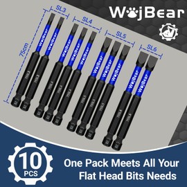 WojBear 10Pcs Magnetic Flat Head Impact Driver Bits, 75 mm Long Slotted Screwdriver Bits, SL3*2 SL4*4 SL5*4 SL6*2