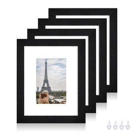 Hongkee 8x10 Picture Frame Set of 4, Made of Real Glass and Rustic Black Wooden Frame, 8 by 10 Photo for Wall or Tabletop - Display Picture 5x7 with Mat or 8x10 Without Mat