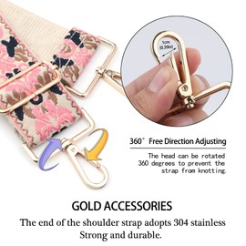 Dsigo Purse Strap, 2" Wide Gold Buckle Embroidery Crossbody Shoulder Strap for Bag Handbag Canvas Bag Crossbody Bags (Pink Floral)