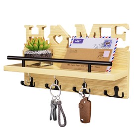 SWTYMIKI Key Holder for Wall with Home Decoration, Key Hanger with 7 Sturdy Key Hooks and Mail Holder Design, Decor Wood Key Rack for Hallway, Entryway, Mudroom, Office, Wood