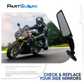PartShark Motorcycle Rear Stealth Mirrors - Compatible with Kawasaki Ninja 400 250 650 ZX6R, Honda CBR600RR CBR250RR, Yamaha R15 R25 YZF600R, Suzuki, Ducati Sport Bikes 360° Rotating Wind Wings