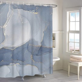 Ttincceer Gold Blue Marble Shower Curtain, Luxury Watercolor Texture Mix Color Bathroom Curtain, Dusty Blue Abstract Modern Ink Art Shower Curtain Set with 12 Hooks for Bathroom, 183x183cm