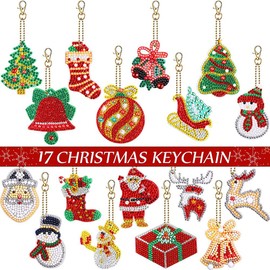 YICHEN 17 Pieces 5D DIY Diamond Painting Key Ring Christmas Key Ring DIY Diamond Painting Keychain 5D Full Drill Diamond Painting Keychain Bag Pendant Gift