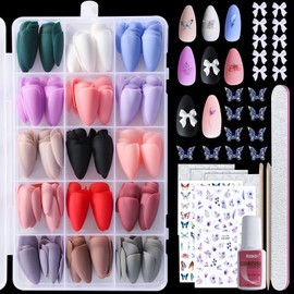 360Pcs Almond Press on Nails Medium Length Matte False Nails with Glue Full Cover Fake Nails 15 Colors Solid Stick on Nails for Women Glue on Nails with Nail Tabs Stickers Fils for Nail Art DIY