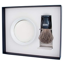 PLISSON 4 Piece Shaving Set with Pearl Grey Badger Hair Shaving Brush - Size 12 - Includes Holder, Shaving Bowl and Soap - For Wet Shaving - Made in France