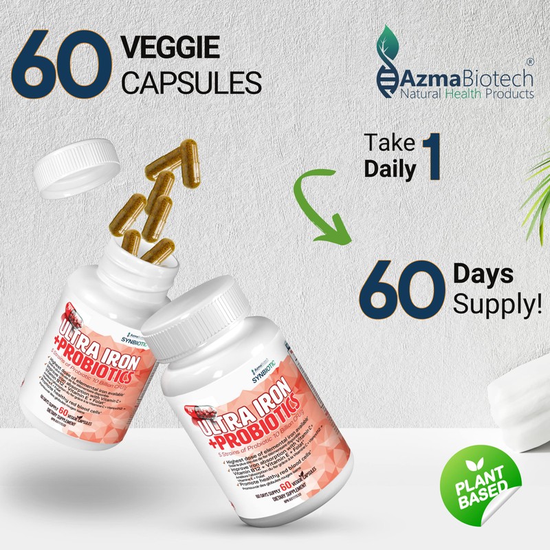 Azmabiotech Ultra Iron Supplements for Women & Men - Plant-Based