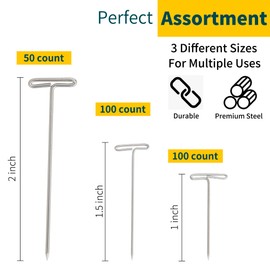 250Pcs T Pins, 1inch /1.5inch/ 2 inch T-Pins,Stainless Steel T Pin for Wigs, Blocking Wig Pin for Foam Head, Craft, Quilting and Blocking Knitting for Office Wall