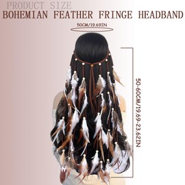 GWAWG 1 Pc Boho Feather Headband, Extra Long Version Indian Hair Accessories, Feather Headpiece in Coffee and White, for Beach Masquerade Carnival Festival, for Girl Women