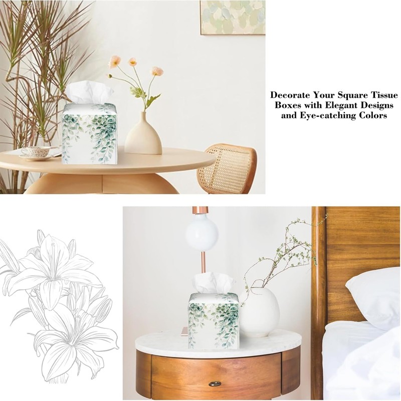 Watercolor Greenery Eucalyptus Leaves Tissue Box Cover Square Leather Tissue