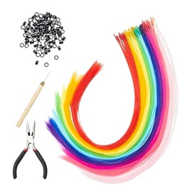 HaarverläNgerung,Regenbogen Farbige HaarverläNgerungen Clip,50 StüCk HaarverläNgerungsset - 50cm Farbige HaarverläNgerung+100 Hochsteckringe+Zangen+HäKelnadeln,HaarsträHnen Zum Braiding Hair