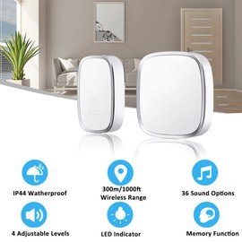 IP44 Waterproof Doorbell Wireless 1000FT Range Door Bells Cordless Door Chime Kit with 36 Chimes Home 4-Level Volume & Blue Light, Best for Plug in Door Entry Bell