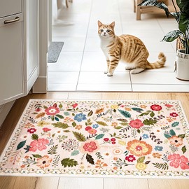 Area Rug 2x3 Washable Rug Vintage Floral Kitchen Rug, Non-Slip Door Mat Ulta-Thin Soft Low Pile Front Door Mat Outside Entrance, Stain Resistan Throw Carpet for Entryway, Boho Home Décor, Beige