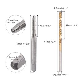 sourcing map 6-32 UNC Straight Flute Thread Tap and 2.8mm Twist Drill Bit Set, Titanium Plated 6542 High Speed Steel Drilling Bit Machine Threading Tap