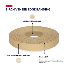 Birch Edge Banding 1 inch x 25 ft Wood Veneer Pre Glued Adhesive Edging Trim Tape Iron On Flexible Strip Roll Laminate Cabinate Countertop Furniture Shelf MDF Board Paintable Molding Easy Trimmer