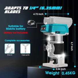 1/4" Cordless Compact Wood Router for Makita 18V Battery (NO BATTERY), 5 Variable Speeds Fixed Base Palm Plunge Router for Woodworking, DIY, Brushless Motor (Blue)