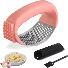 Stainless Steel Garlic Presser, 1Pc Garlic Press Rocker Garlic Mincer Garlic Crusher with Peeler and Brush,Stainless Steel Garlic Press Rocker,Stainless Steel Garlic Press Rocker Garlic Crusher,Pink