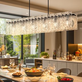 Danshinro 4FT Long Chandelier for Dining Room - Black Dining Room Light Fixture Linear Crystal Design with Water Ripple Glass & Large Rectangle & 6pcs MAX 60W E26 Bulbs(Not Include),42pcs Glass Sheet