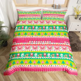 Christmas Bedding Set Cute Fox Santa Claus Polar Bear Comforter Cover for Kids Boys Girls Teens Christmas Tree Duvet Cover Pink Dots Stripe Bedspread Cover Room Decor Quilt Cover Single Size