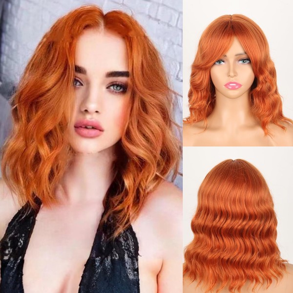 Copper Red Wavy Wig Short Curly Wavy Bob Wig with