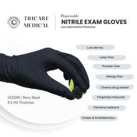 TRICARE MEDICAL Disposable Black Nitrile Exam Gloves - Low Derma, Powder Free, Latex Free, 3.5 mil (Large, 200, Count)