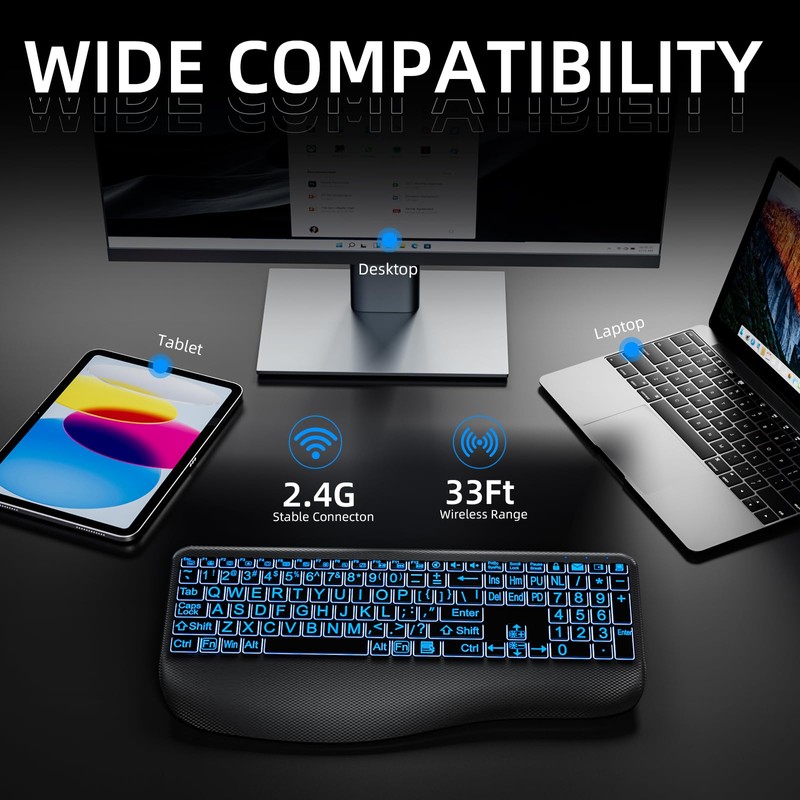Large Print Backlit Wireless Keyboard – Silent Keyboards with Wrist