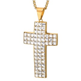 Mens Women Stainless Steel Gold Cross Pendant Necklace with Cubic Zirconia and 27 inches Wheat Chain(CA)
