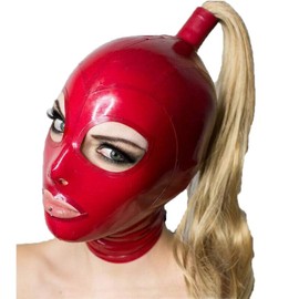 IMZAUYH Latex Mask Red Hood with Blond Golden Wig Back Zipper Rubber Mask Cosplay Head Cover BC45 (Red, M)
