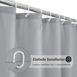 EurCross Shower Curtain 180 x 180 cm Grey Textile Anti-Mould Bath Curtain Made of Polyester Fabric, Waterproof and Quick-Drying, Washable Shower Curtain with 12 Rings