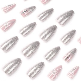 24 Pcs Press on Nails Medium Length French Tip Fake Nails with Almond Glitter Silver Line Designs Glossy Coffin Nails Full Cover Nail Tips Glue on Nails Rhinestones Acrylic False Nails for Women