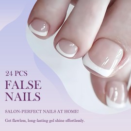 24Pcs Nude French Press on Nails Short Square False Toenails with Glue - 12 Sizes Eco-Friendly ABS Material Classic Design Full Cover DIY Nail Art Kit for Women
