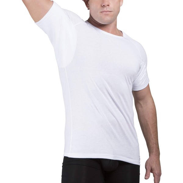 Sweatproof Undershirt Mens Cotton Crew w Sweat Pads, Silver Treated to Fight Embarrassing Body Odor & Yellow Armpit Stains, Aluminum Free Alternative to Antiperspirant, Regular Fit (Large, White)