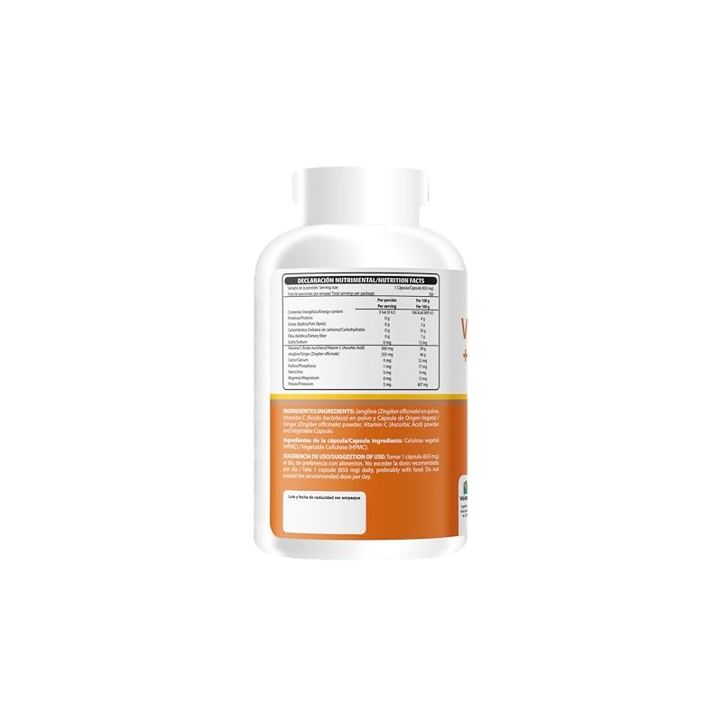 Wellthy Vitamina C con Jengibre 300 Cápsulas. 300mg de Vitamina