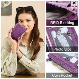 CONTACTS Soft Leather Wallet for Women Small Bifold Coin Purse Double Zipper Card Holder with RFID Blocking (Purple)
