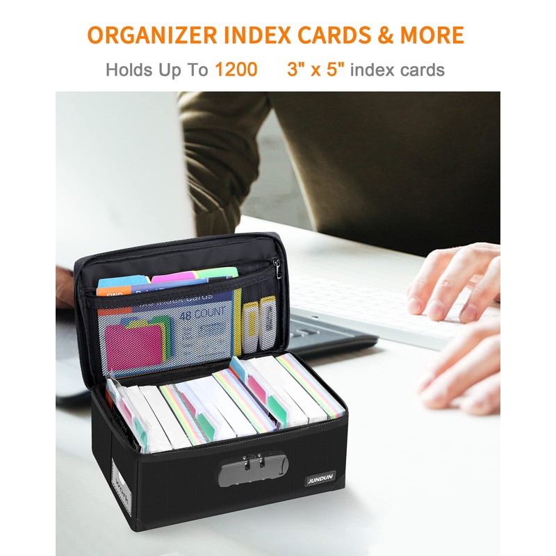 JUNDUN Index Card Box with Lock,Collapsible Fireproof Index Card Holder