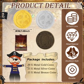 Hanaive 50 Pcs Metal Pirate Coins Spanish Doubloon Replicas Pirate Treasure Metal Tokens Fake Play Coins for Kids Board Games Pirate Party Cosplay (Gold, Silver, Bronze,Classic Style)