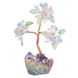 Nupuyai Aquamarine & Rose Quartz Crystal Money Tree with Rainbow Titanium Crystal Base, Fengshui Tree of Life Figurine Healing Stone Gem Tree Ornament Good Luck Home Office Decor