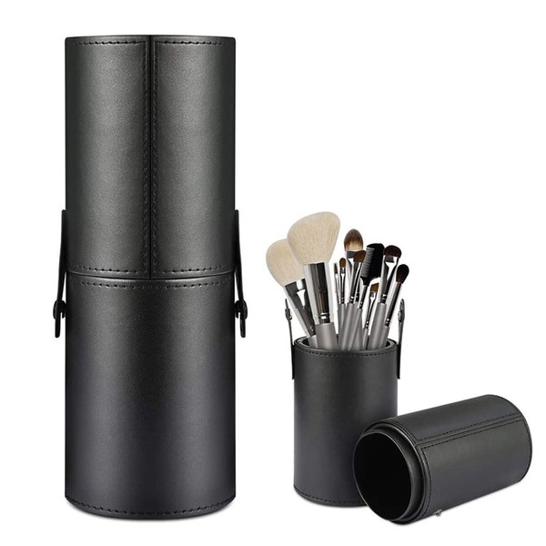 ericotry 1PCS PU Leather Makeup Brush Holder with Lid Large Capacity Cosmetics Brush Cylinder Portable Makeup Tools Organizer for Travel or Home (Black)