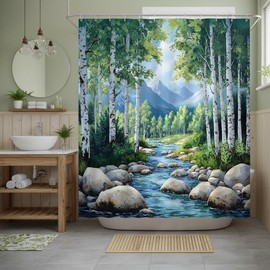 WUASDCS Nature Forest Stream Shower Curtain Spring Birch Trees Mountain Landscape Abstract Scenery Bathroom Decor Polyester Fabric Curtains with Hook 70Wx70H Inches
