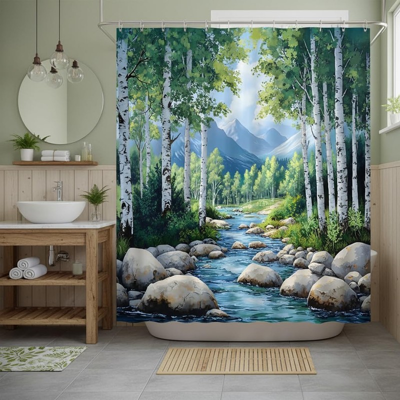 WUASDCS Nature Forest Stream Shower Curtain Spring Birch Trees Mountain