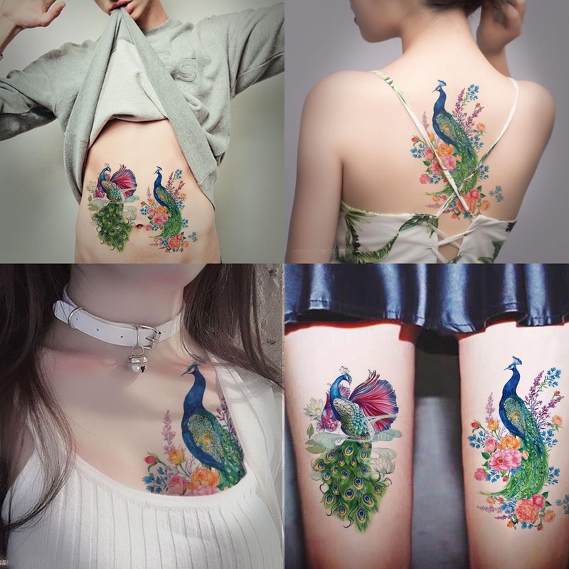 Nirbffo Large Temporary Tattoos Peacock Flowers Legs Arm Belly Back