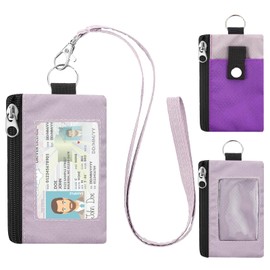 ZHOMA Minimalist RFID Blocking Wallet with Lanyard, Functional ID Case with 2 Zipper Pockets and Key Chain for Men and Women, Tactical Badge Pouch Cards Holder, Coin Purse for Travel Sports-Purple